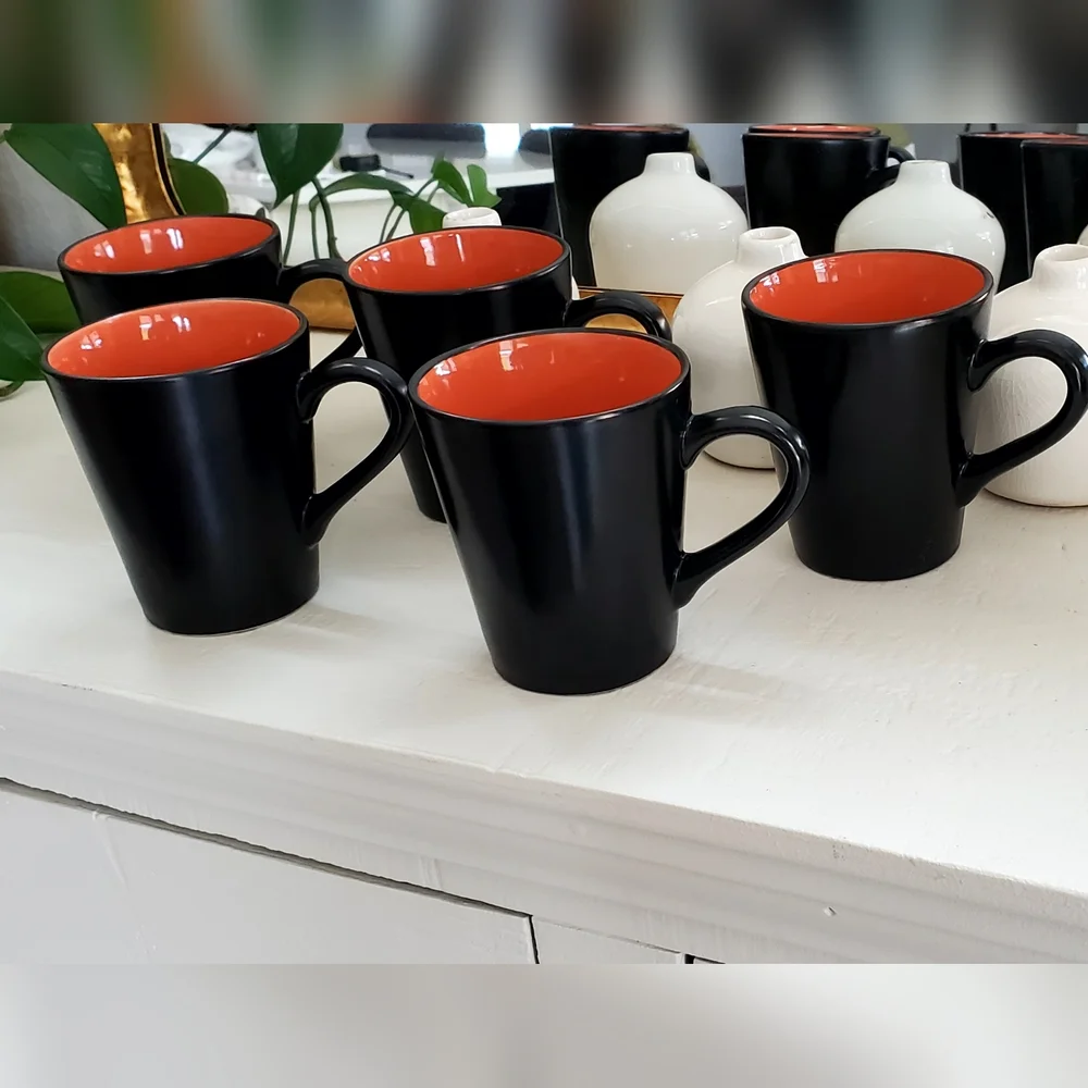 Pier 1, Set of 5, Ebony Rim Coral Colorblock Stoneware Coffee Cups, 14oz, EUC